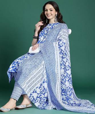 Floral Printed Pure Cotton Kurta with Trousers & Dupatta 1