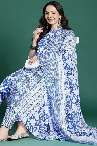 Floral Printed Pure Cotton Kurta with Trousers & Dupatta