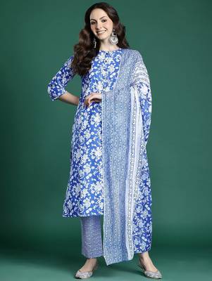 Floral Printed Pure Cotton Kurta with Trousers & Dupatta 5