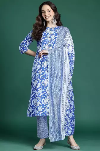Floral Printed Pure Cotton Kurta with Trousers & Dupatta