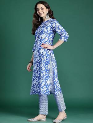 Floral Printed Pure Cotton Kurta with Trousers & Dupatta 6