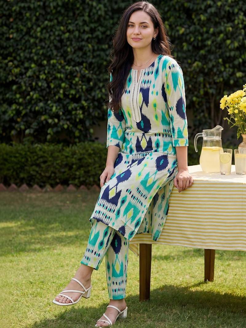 Women Ethnic Motifs Printed Regular Thread Work Pure Cotton Kurta with Trousers