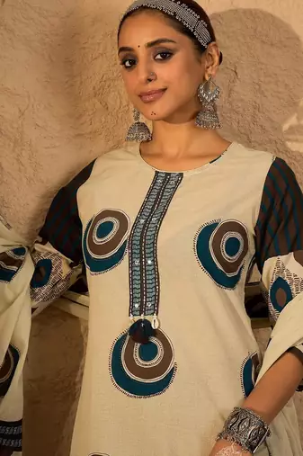 Women Abstract Printed Cotton Kurta with Trousers & Dupatta