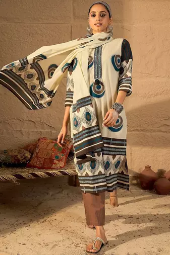 Women Abstract Printed Cotton Kurta with Trousers & Dupatta