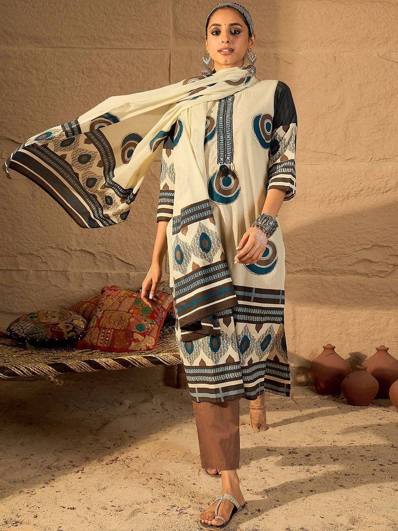 Women Abstract Printed Cotton Kurta with Trousers & Dupatta