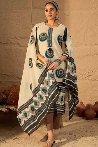 Women Abstract Printed Cotton Kurta with Trousers & Dupatta