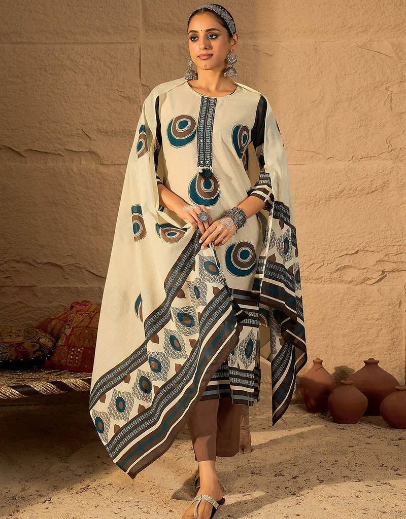 Women Abstract Printed Cotton Kurta with Trousers & Dupatta