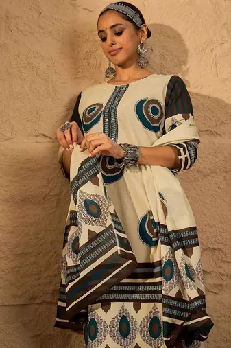 Women Abstract Printed Cotton Kurta with Trousers & Dupatta