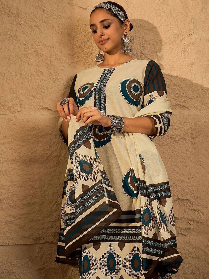 Women Abstract Printed Cotton Kurta with Trousers & Dupatta