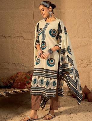 Women Abstract Printed Cotton Kurta with Trousers & Dupatta 6
