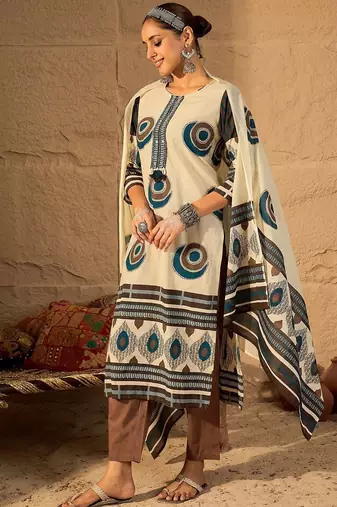Women Abstract Printed Cotton Kurta with Trousers & Dupatta