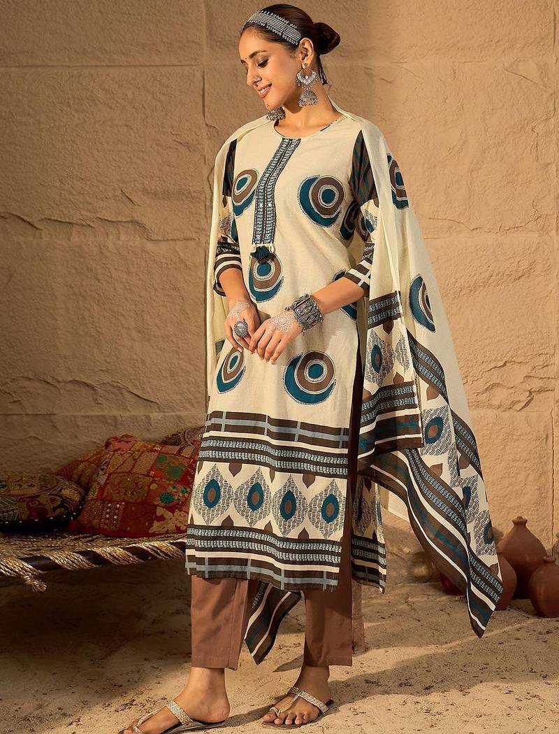 Women Abstract Printed Cotton Kurta with Trousers & Dupatta