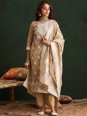 Ethnic Motifs Woven Design Straight Kurta With Trousers & Dupatta 1
