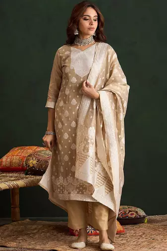 Ethnic Motifs Woven Design Straight Kurta With Trousers & Dupatta