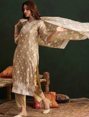 Ethnic Motifs Woven Design Straight Kurta With Trousers & Dupatta 5