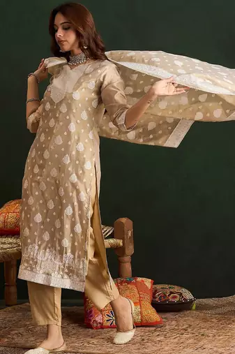 Ethnic Motifs Woven Design Straight Kurta With Trousers & Dupatta
