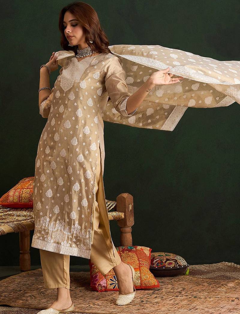 Ethnic Motifs Woven Design Straight Kurta With Trousers & Dupatta