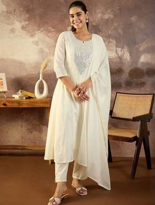 Women Solid Cotton A-Line Kurta with Trousers & Dupatta 1