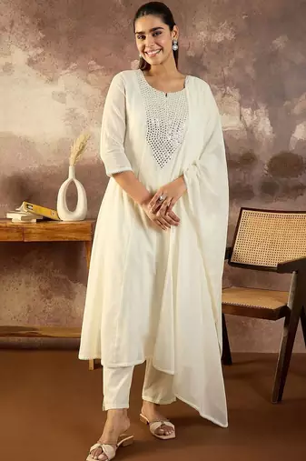 Women Solid Cotton A-Line Kurta with Trousers & Dupatta
