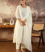 Women Solid Cotton A-Line Kurta with Trousers & Dupatta