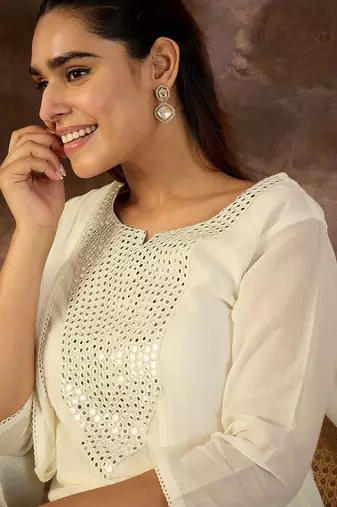 Women Solid Cotton A-Line Kurta with Trousers & Dupatta