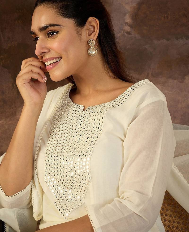 Women Solid Cotton A-Line Kurta with Trousers & Dupatta