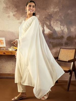 Women Solid Cotton A-Line Kurta with Trousers & Dupatta 3