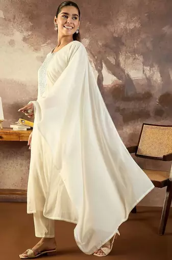 Women Solid Cotton A-Line Kurta with Trousers & Dupatta