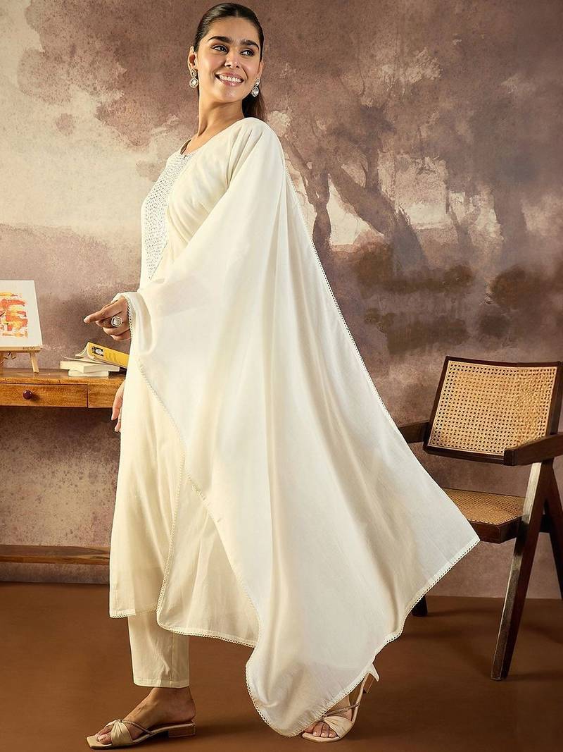 Women Solid Cotton A-Line Kurta with Trousers & Dupatta