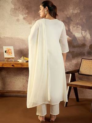 Women Solid Cotton A-Line Kurta with Trousers & Dupatta 4