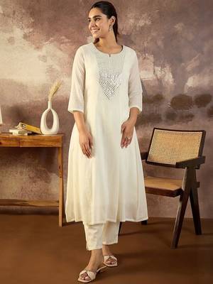 Women Solid Cotton A-Line Kurta with Trousers & Dupatta 5