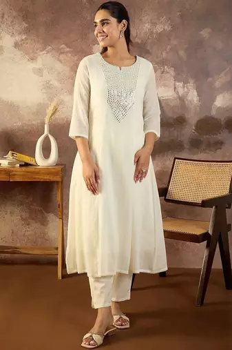 Women Solid Cotton A-Line Kurta with Trousers & Dupatta
