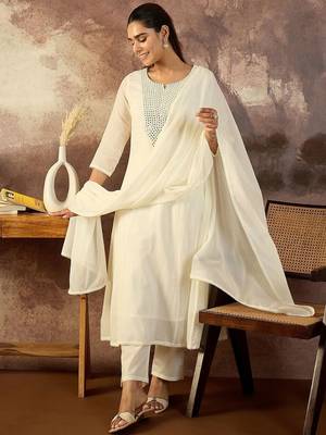Women Solid Cotton A-Line Kurta with Trousers & Dupatta 6