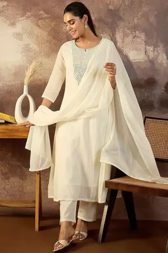 Women Solid Cotton A-Line Kurta with Trousers & Dupatta
