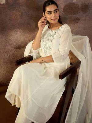 Women Solid Cotton A-Line Kurta with Trousers & Dupatta 7