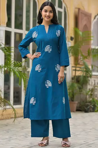 Animal Embroidered Regular Thread Work Pure Cotton Kurta With Palazzos