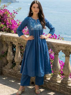 Women Ethnic Motifs Embroidered Empire Thread Work Pure Cotton Kurta with Palazzos 1