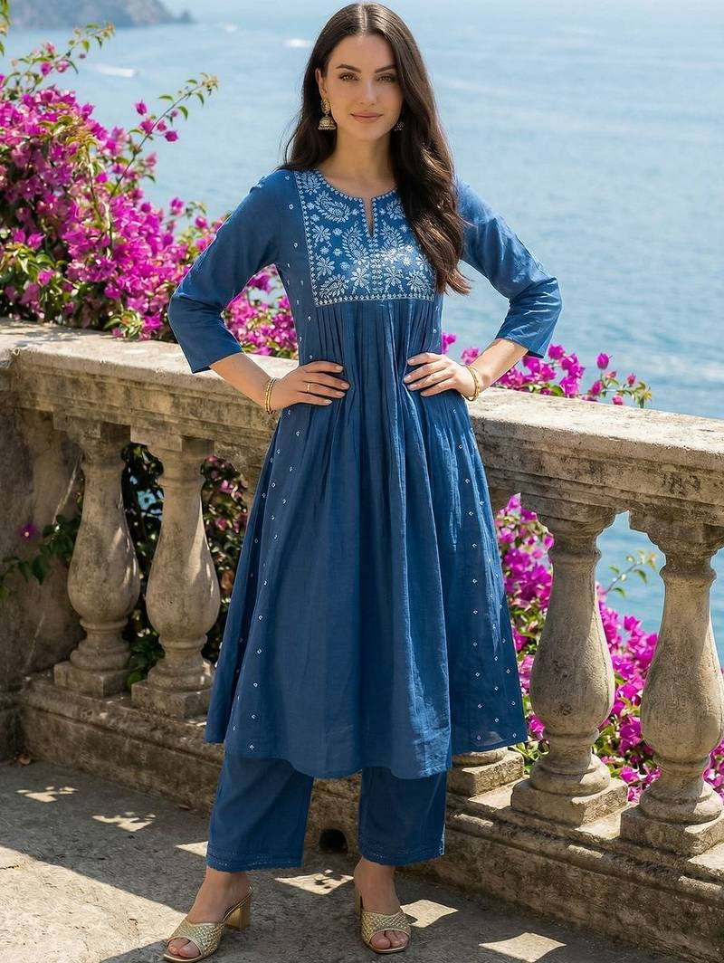Women Ethnic Motifs Embroidered Empire Thread Work Pure Cotton Kurta with Palazzos