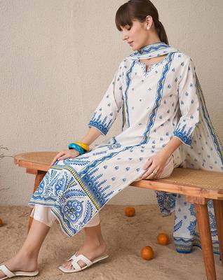 Floral Printed Pure Cotton Straight Kurta With Trousers & Dupatta 1