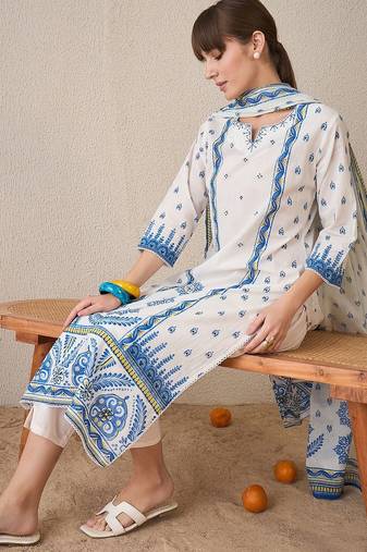 Floral Printed  Cotton Straight Kurta With Trousers & Dupatta