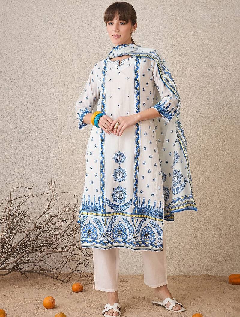 Floral Printed Pure Cotton Straight Kurta With Trousers & Dupatta