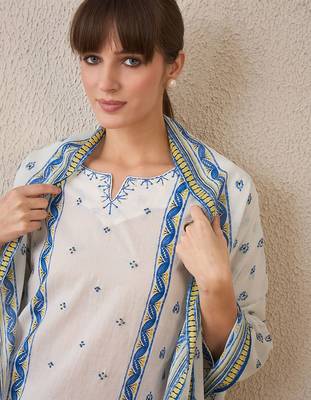 Floral Printed Pure Cotton Straight Kurta With Trousers & Dupatta 3