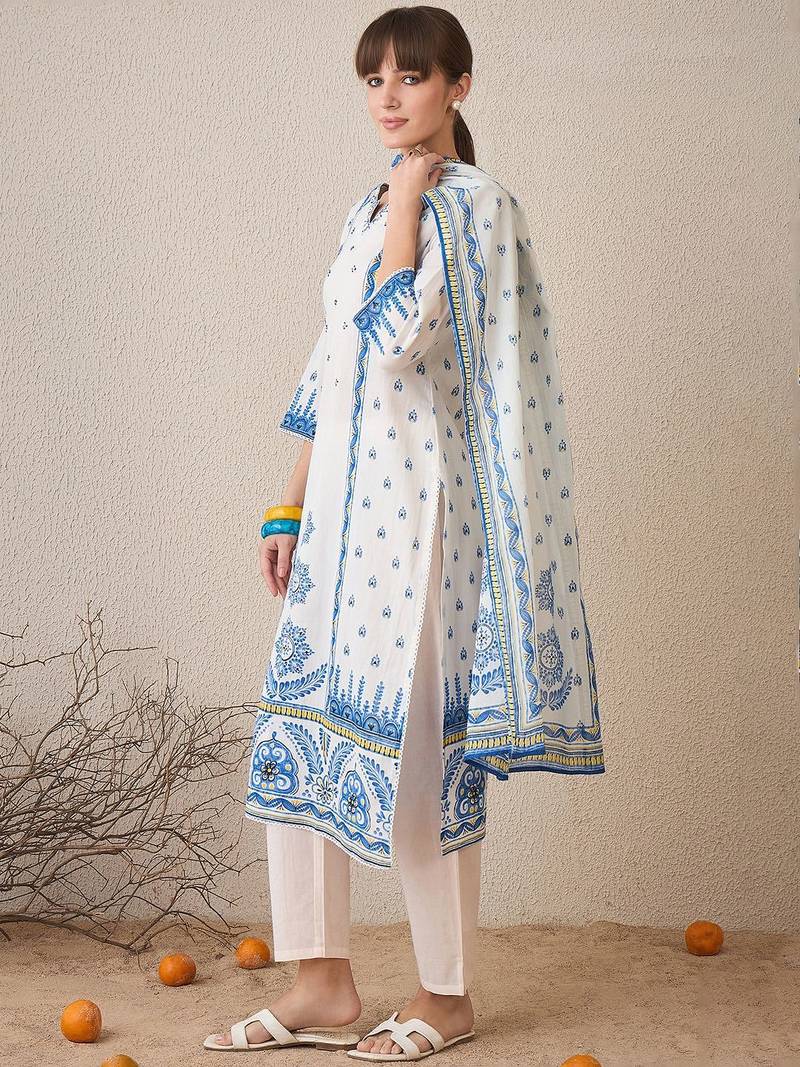Floral Printed Pure Cotton Straight Kurta With Trousers & Dupatta