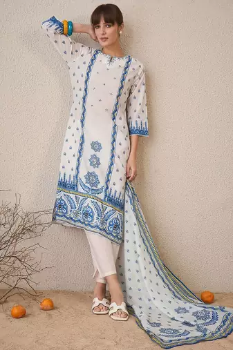 Floral Printed Pure Cotton Straight Kurta With Trousers & Dupatta
