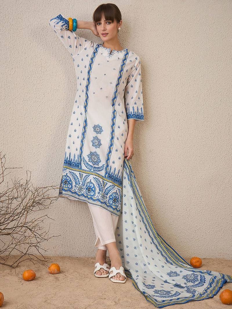 Floral Printed Pure Cotton Straight Kurta With Trousers & Dupatta