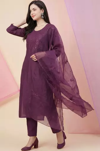 Women Ethnic Motifs Embroidered Regular Sequinned Kurta with Trousers & With Dupatta