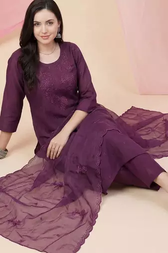 Women Ethnic Motifs Embroidered Regular Sequinned Kurta with Trousers & With Dupatta