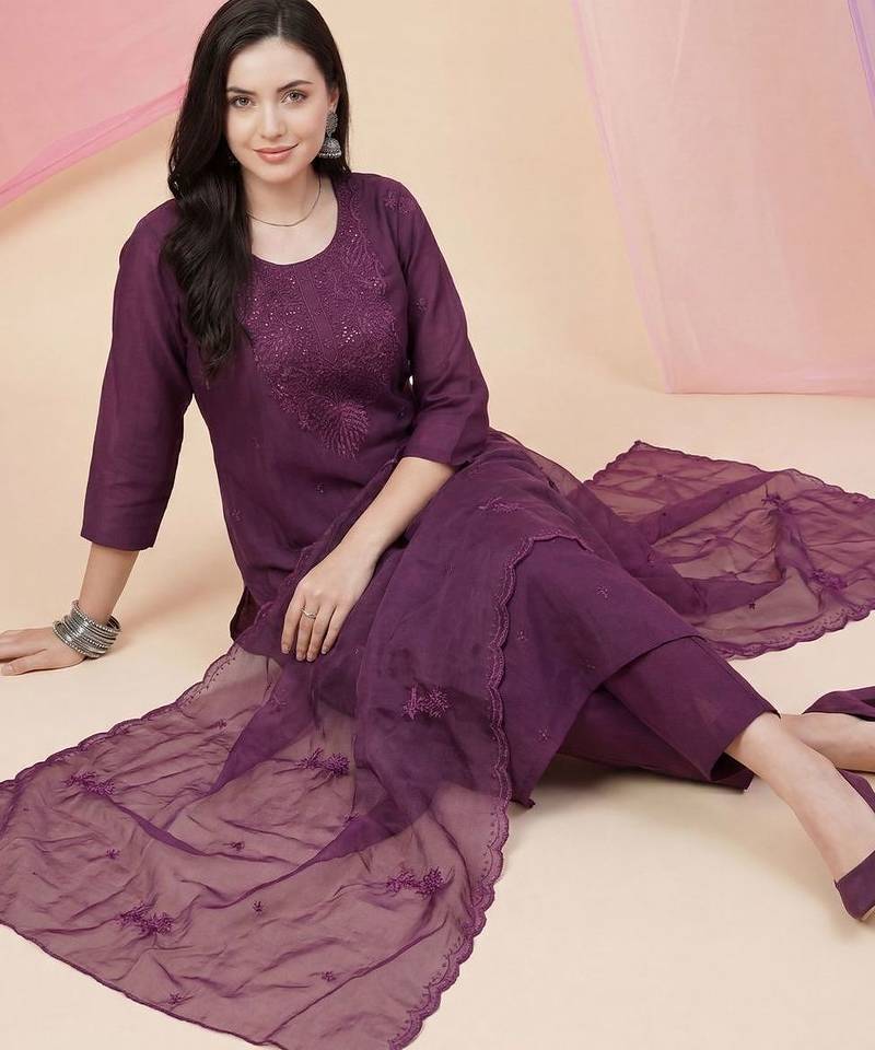Women Ethnic Motifs Embroidered Regular Sequinned Kurta with Trousers & With Dupatta