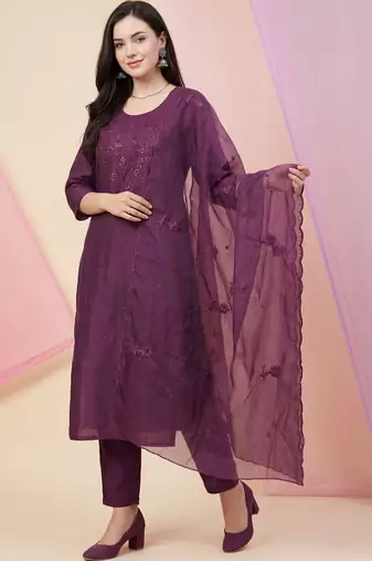 Women Ethnic Motifs Embroidered Regular Sequinned Kurta with Trousers & With Dupatta