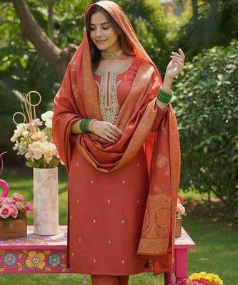Women Ethnic Motifs Embroidered Regular Thread Work Kurta with Trousers & With Dupatta 3